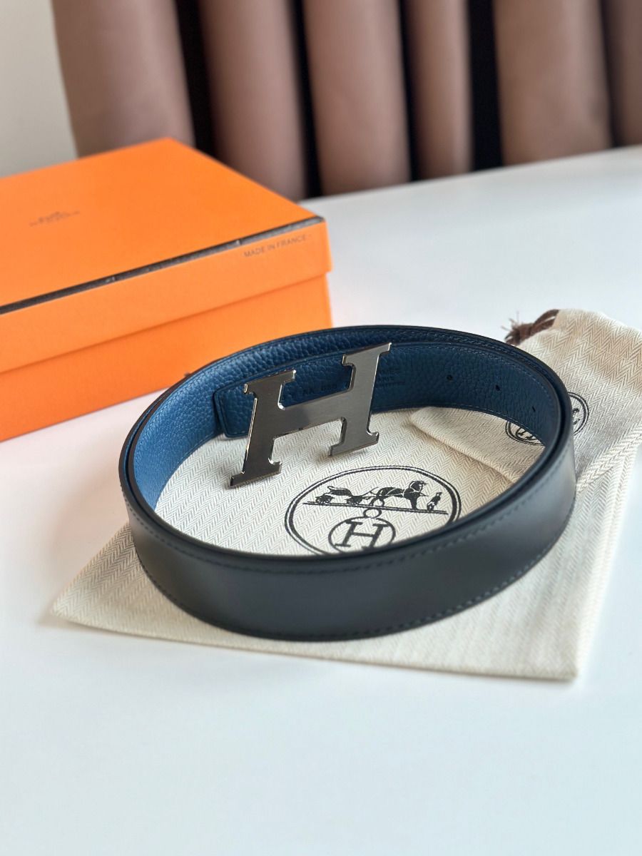 Hermes H Speed Reversible Belt 32MM in Blue Jean Clemence Leather - Image 7