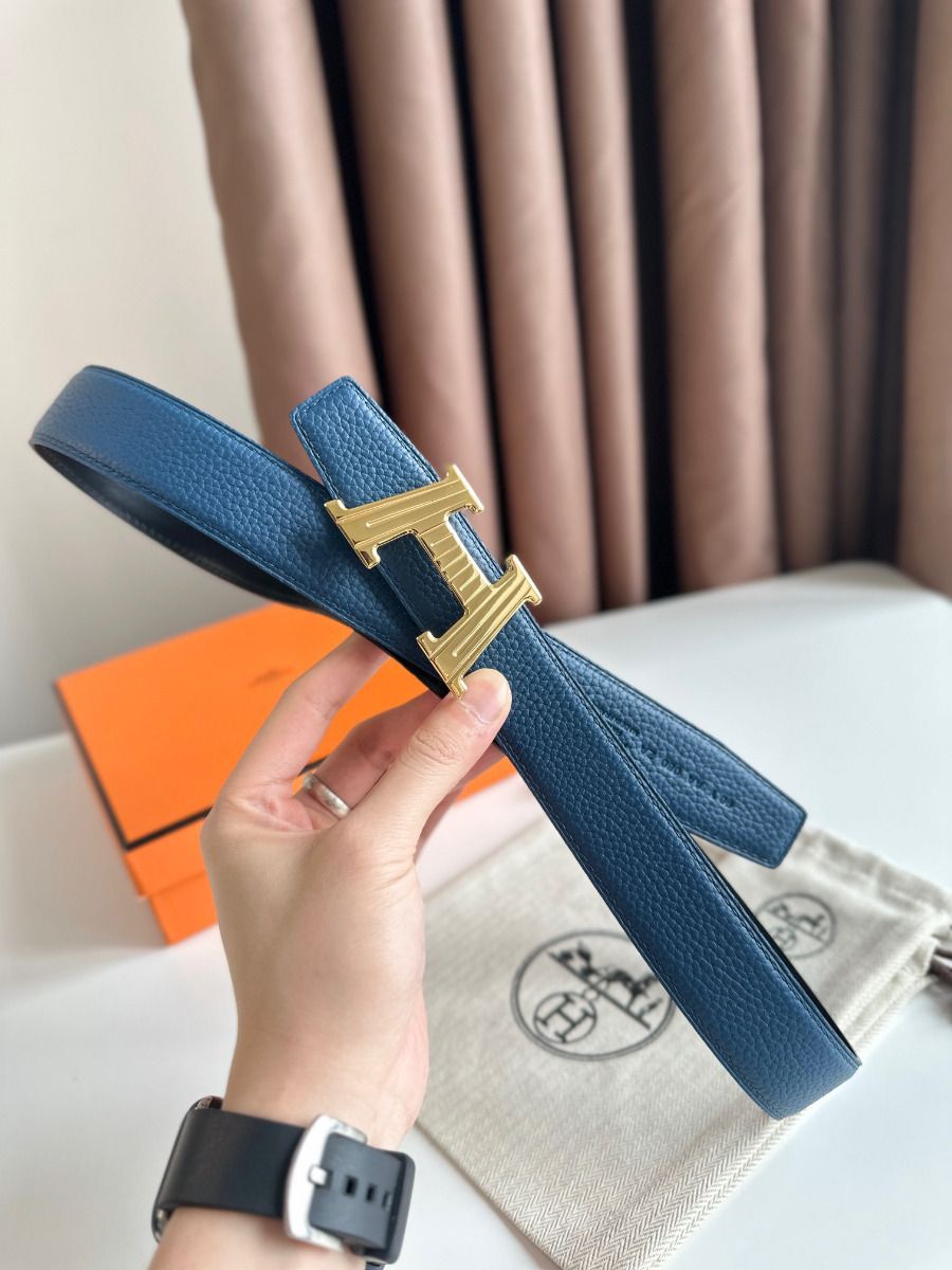 Hermes H Take Off Reversible Belt 32MM in Blue Clemence Leather - Image 4