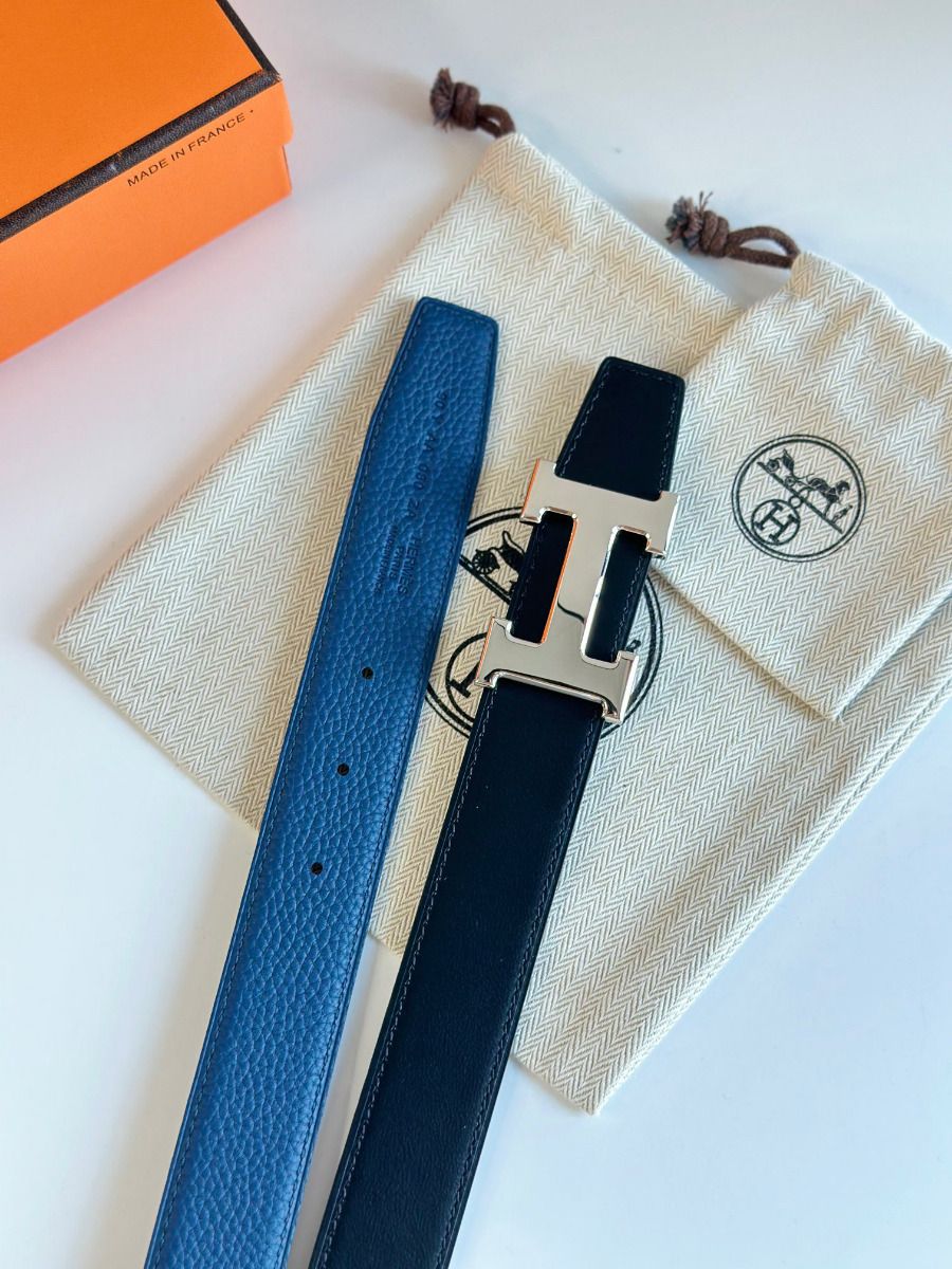 Hermes H Reversible Belt 32MM in Blue Clemence Leather - Image 6