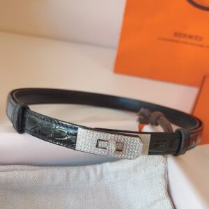 Hermes Kelly 18 Diamond Belt in Black Shiny Alligator Leather