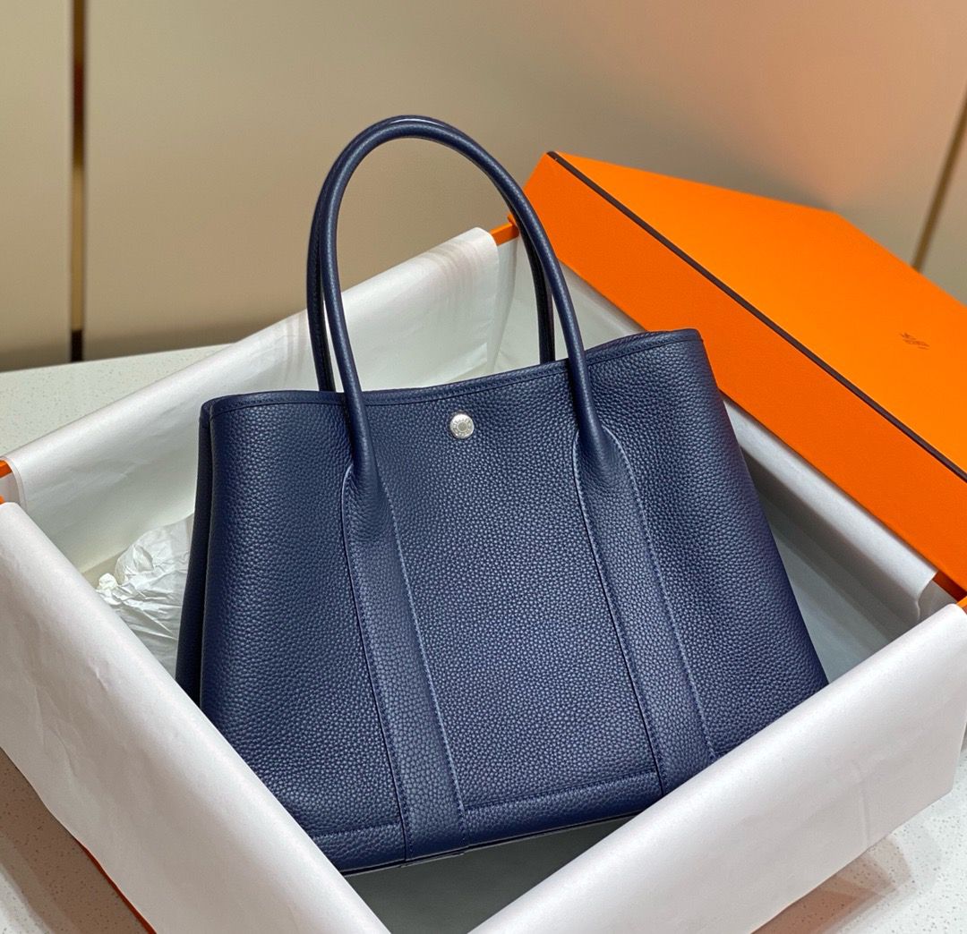 Hermes Garden Party 36 Bag In Blue Saphir Clemence Leather - Image 3