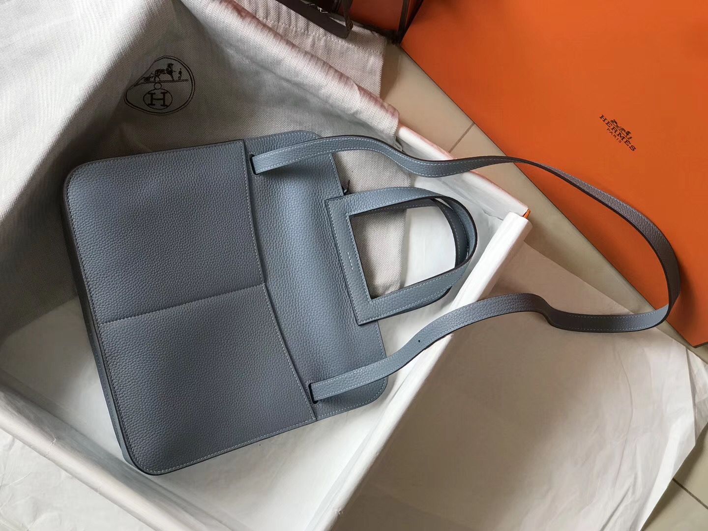 Hermes Halzan 31cm Bag In Blue Lin Clemence Leather - Image 3