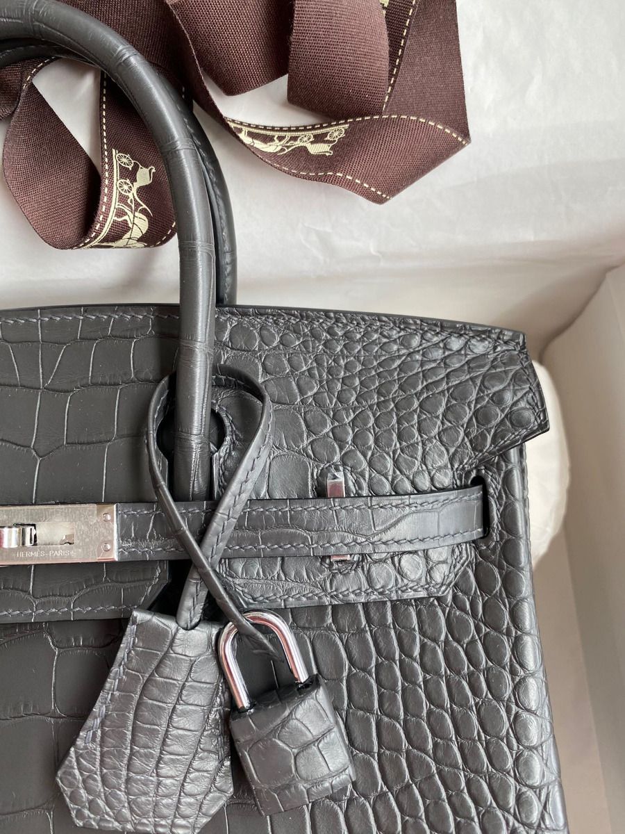 Hermes Birkin 25 Bag In Dark Grey Matte Alligator Crocodile Skin - Image 4