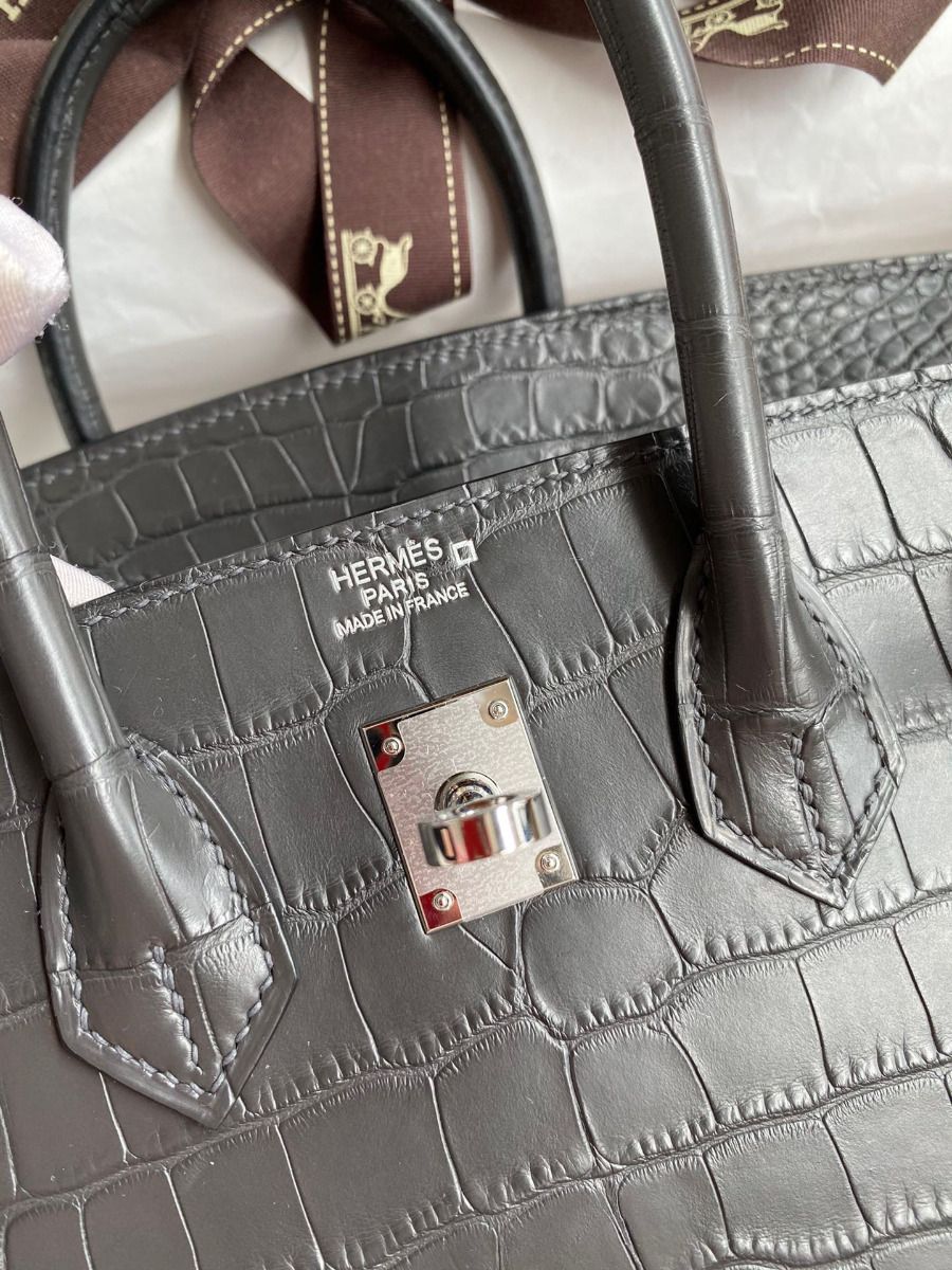 Hermes Birkin 25 Bag In Dark Grey Matte Alligator Crocodile Skin - Image 7