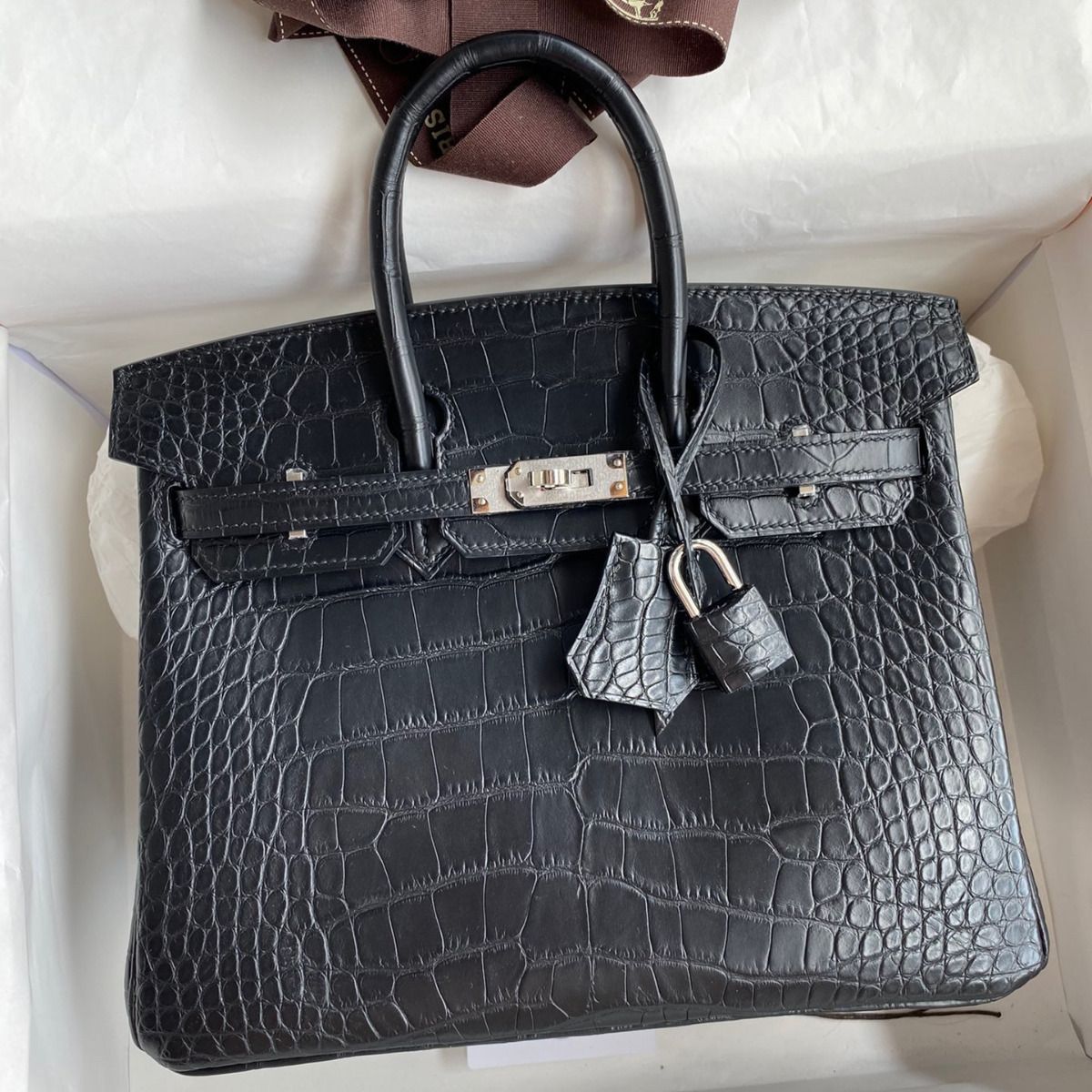 Hermes Birkin 25 Bag In Black Matte Alligator Crocodile Skin