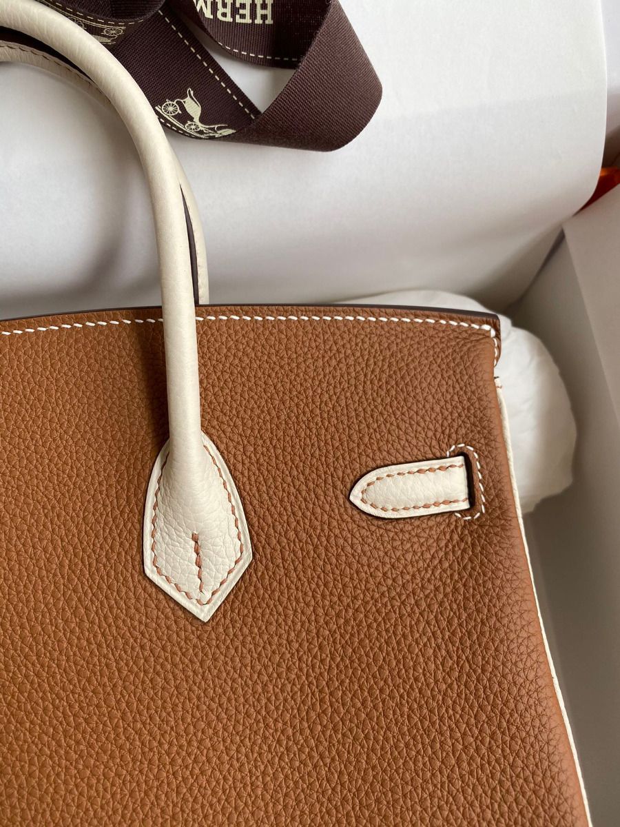 Hermes HSS Birkin 25 Bicolor Bag in Gold and Craie Clemence Leather - Image 5