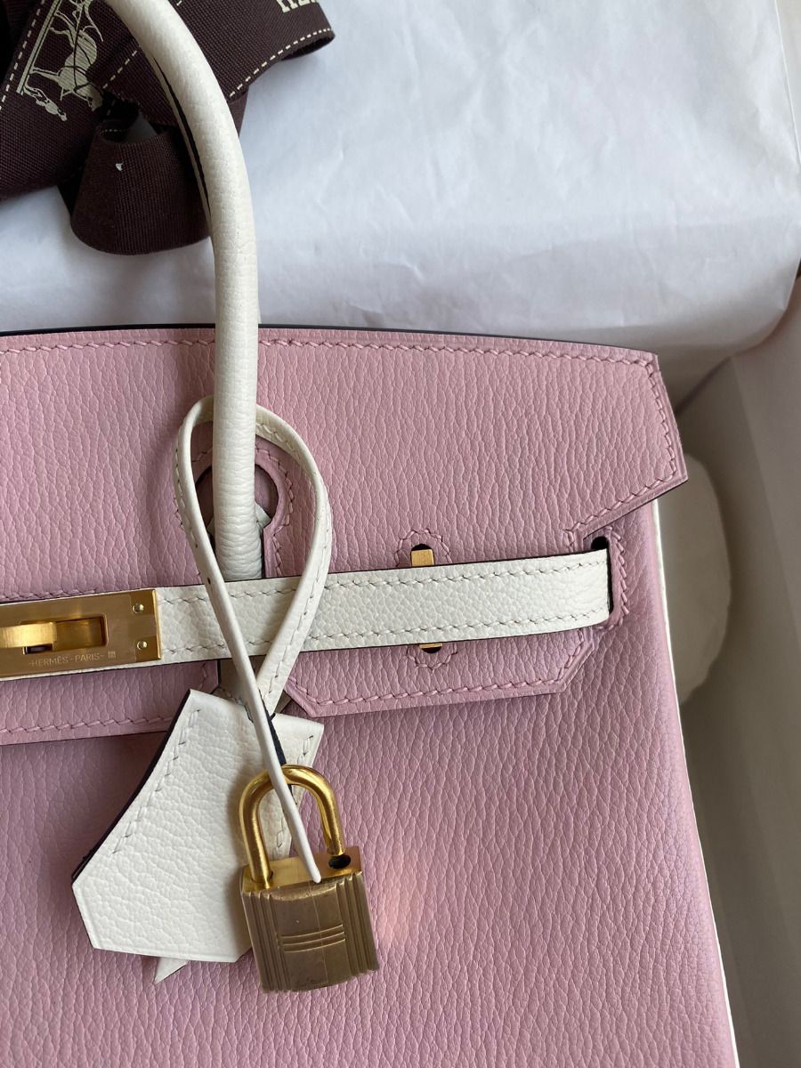 Hermes HSS Birkin 25 Bicolor Bag in Pink and Craie Chevre Mysore Leather - Image 4