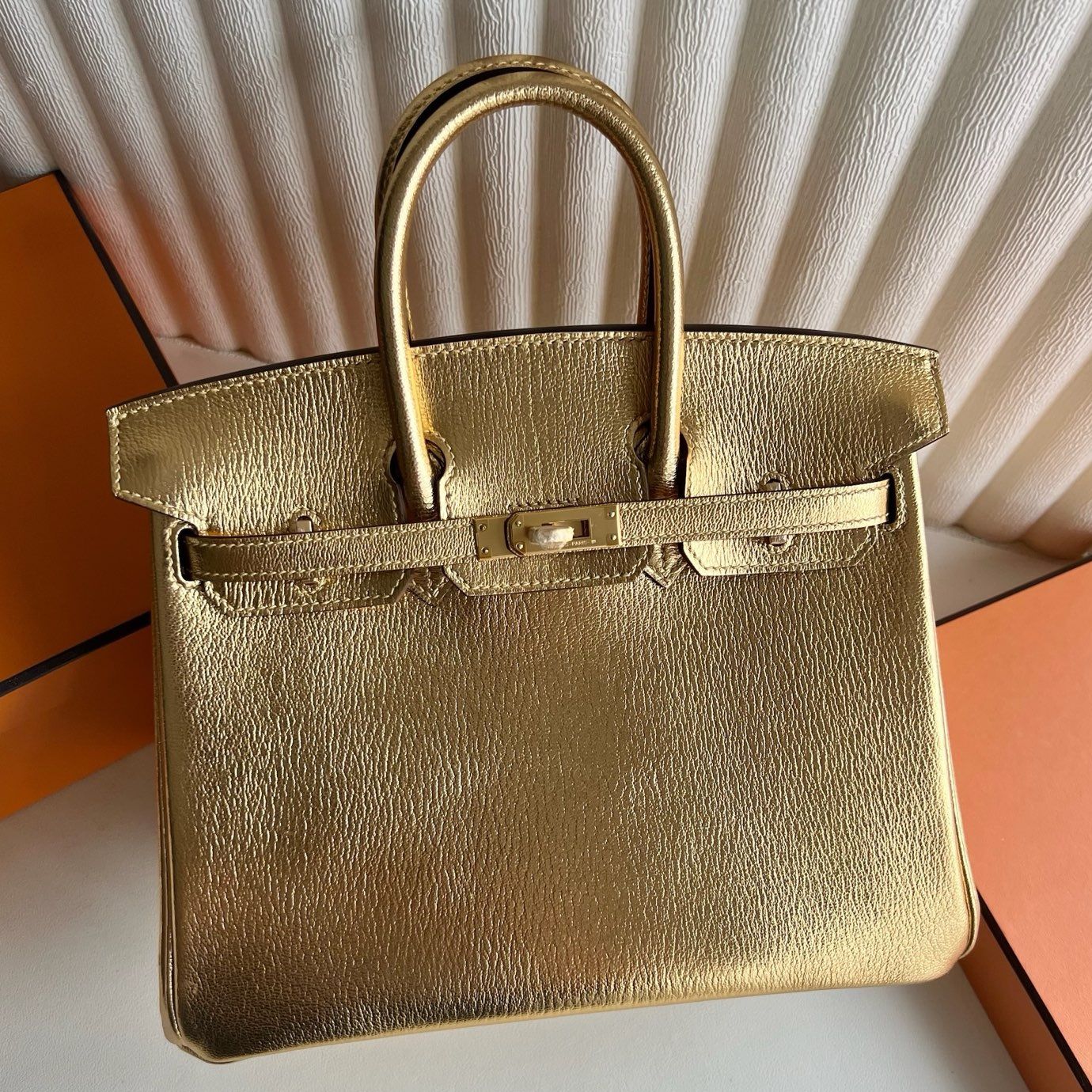 Hermes Birkin 25 Retourne Handmade Bag in Dore Chevre Mysore Goatskin