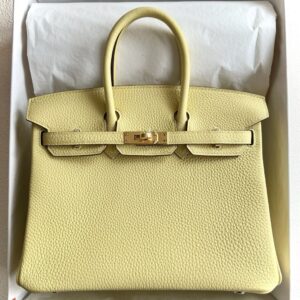 Hermes Birkin 25 Retourne Handmade Bag in Jaune Poussin Clemence Leather
