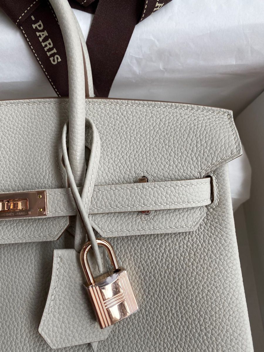 Hermes Birkin 25 Retourne Handmade Bag In Pearl Grey Clemence Leather - Image 4
