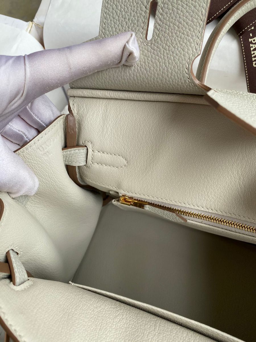Hermes Birkin 25 Retourne Handmade Bag In Pearl Grey Clemence Leather - Image 10