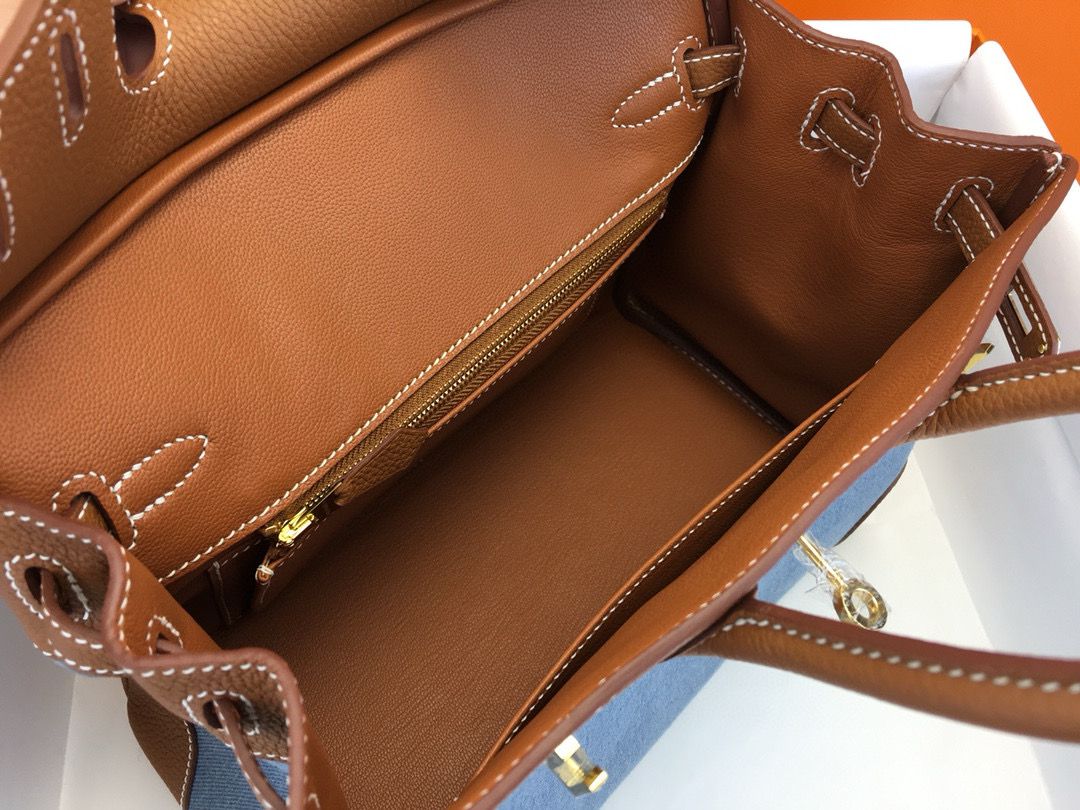 Hermes Birkin 25 Handmade Bag in Denim & Gold Clemence Leather - Image 8