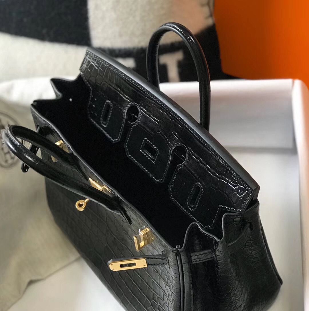 Hermes Birkin 25cm Bag In Black Embossed Crocodile Leather - Image 9
