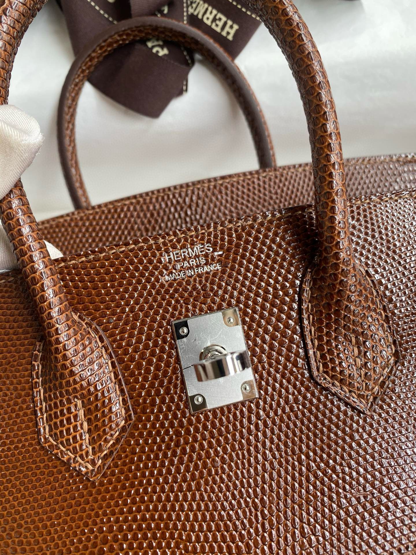 Hermes Birkin 25 Retourne Handmade Bag Caramel Lizard Leather - Image 7