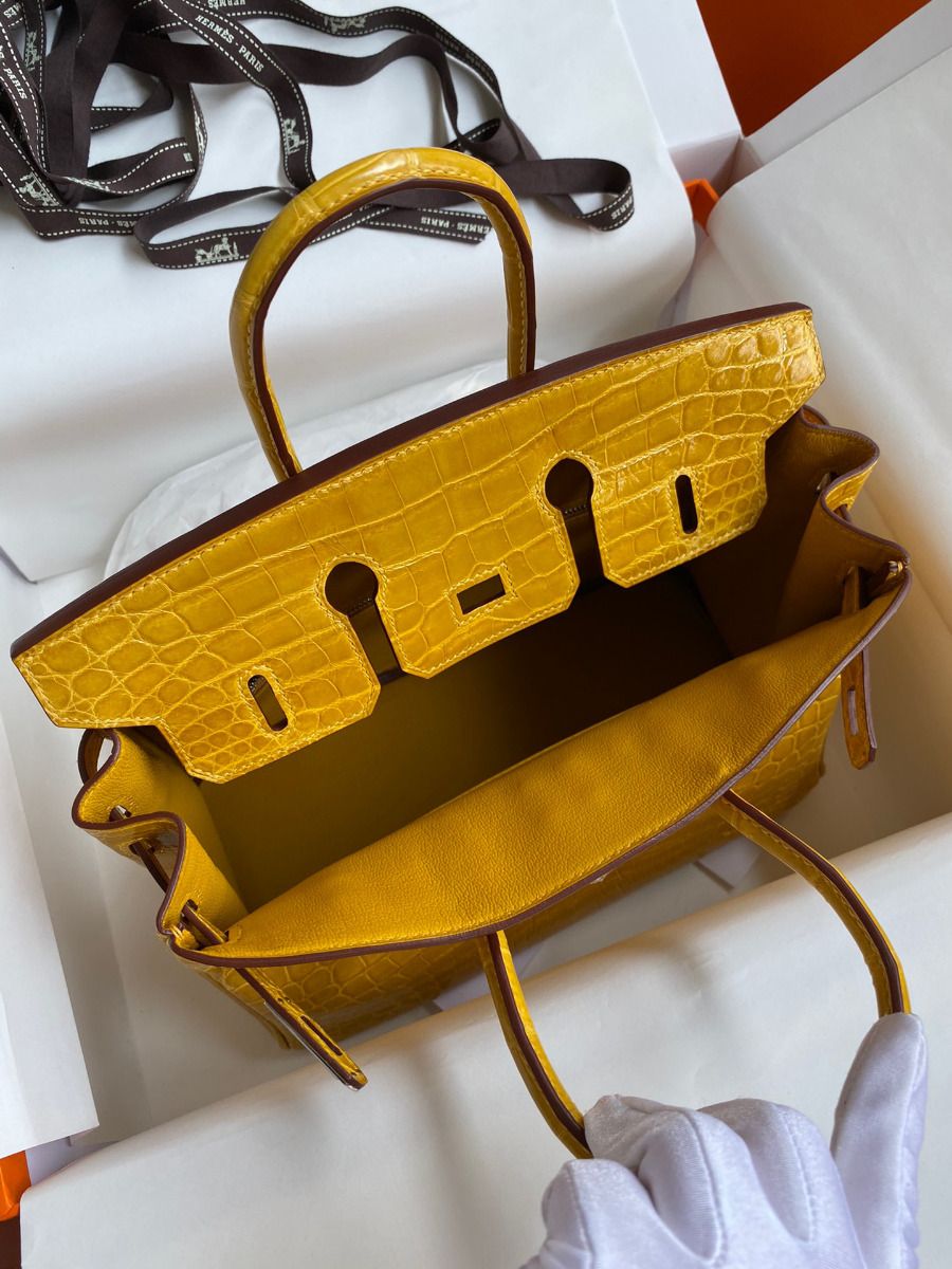 Hermes Birkin 25 Handmade Bag In Yellow Crocodile Niloticus Shiny Skin - Image 8