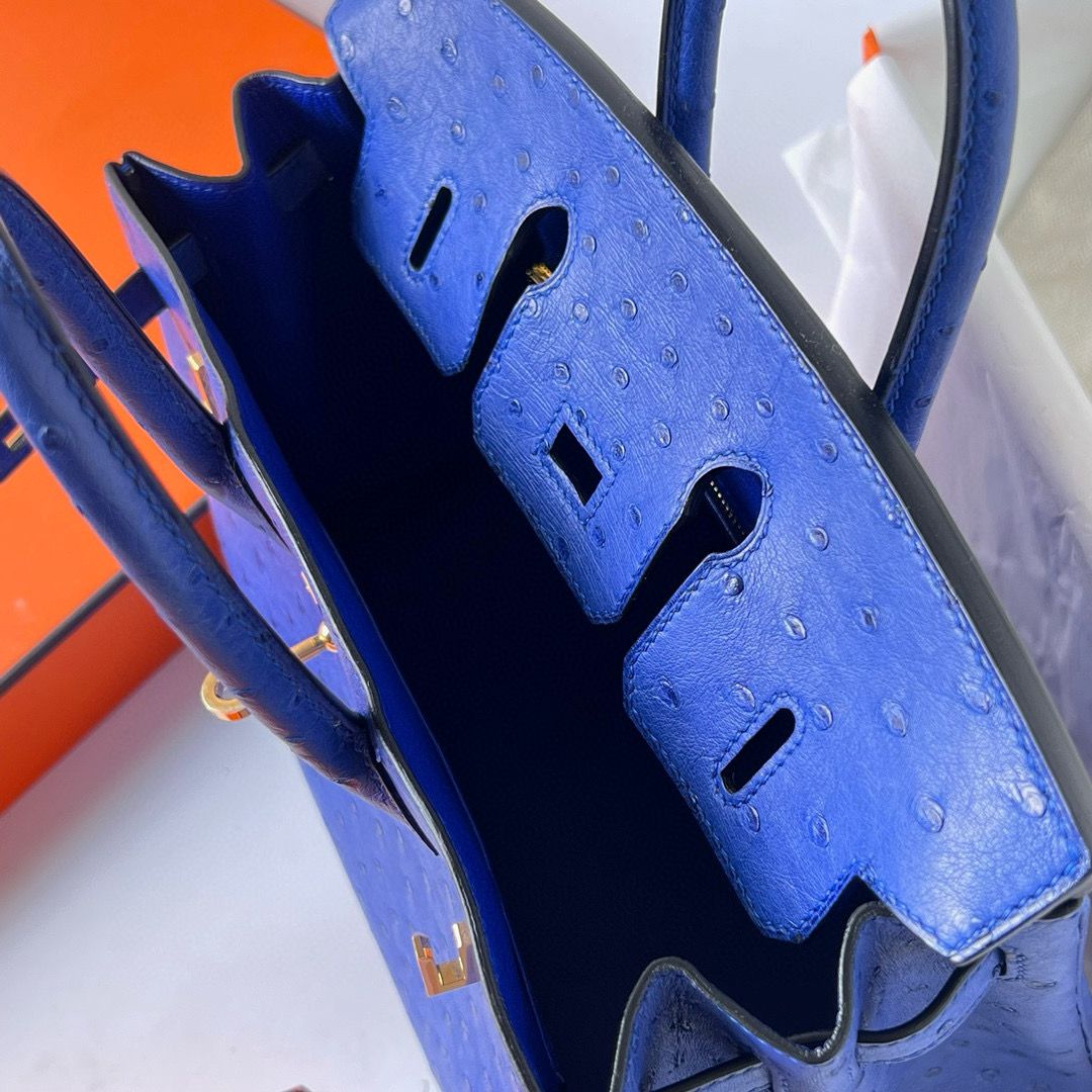 Hermes Birkin 25 Retourne Handmade Bag In Blue Zellige Ostrich Leather - Image 10