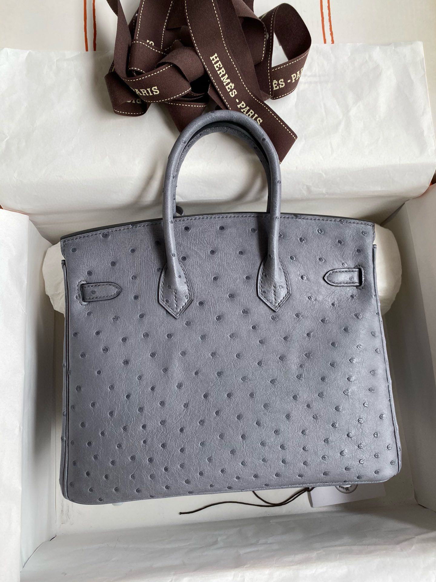 Hermes Birkin 25 Retourne Handmade Bag in Gris Agate Ostrich Leather - Image 3