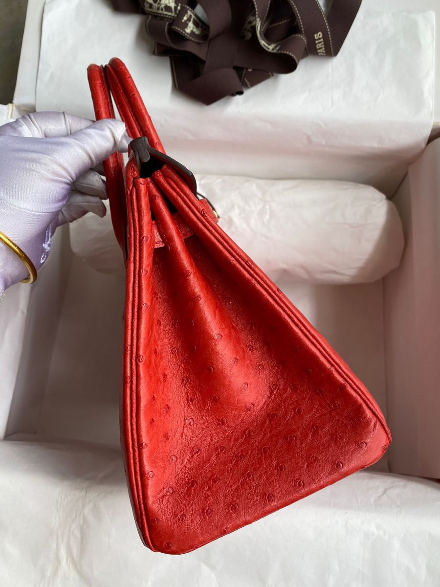 Hermes Birkin 25 Retourne Handmade Bag In Red Ostrich Leather - Image 6
