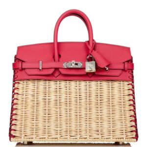 Hermes Picnic Birkin 25 Bag in Wicker with Framboise Swift Calfskin