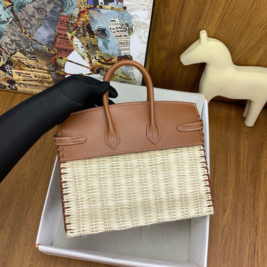Hermes Picnic Birkin 25 Bag in Wicker with Gold Swift Calfskin - Image 5