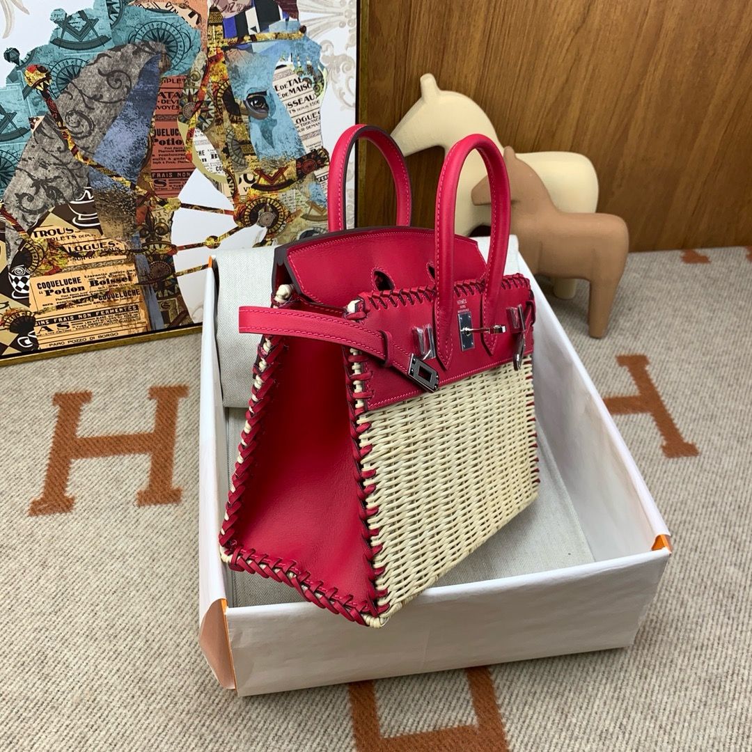 Hermes Picnic Birkin 25 Bag in Wicker with Framboise Swift Calfskin - Image 6