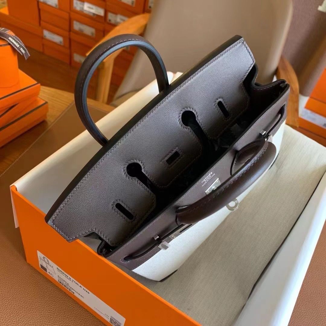 Hermes Birkin 25 Handmade Bag In Toile & Chocolat Swift Leather - Image 8