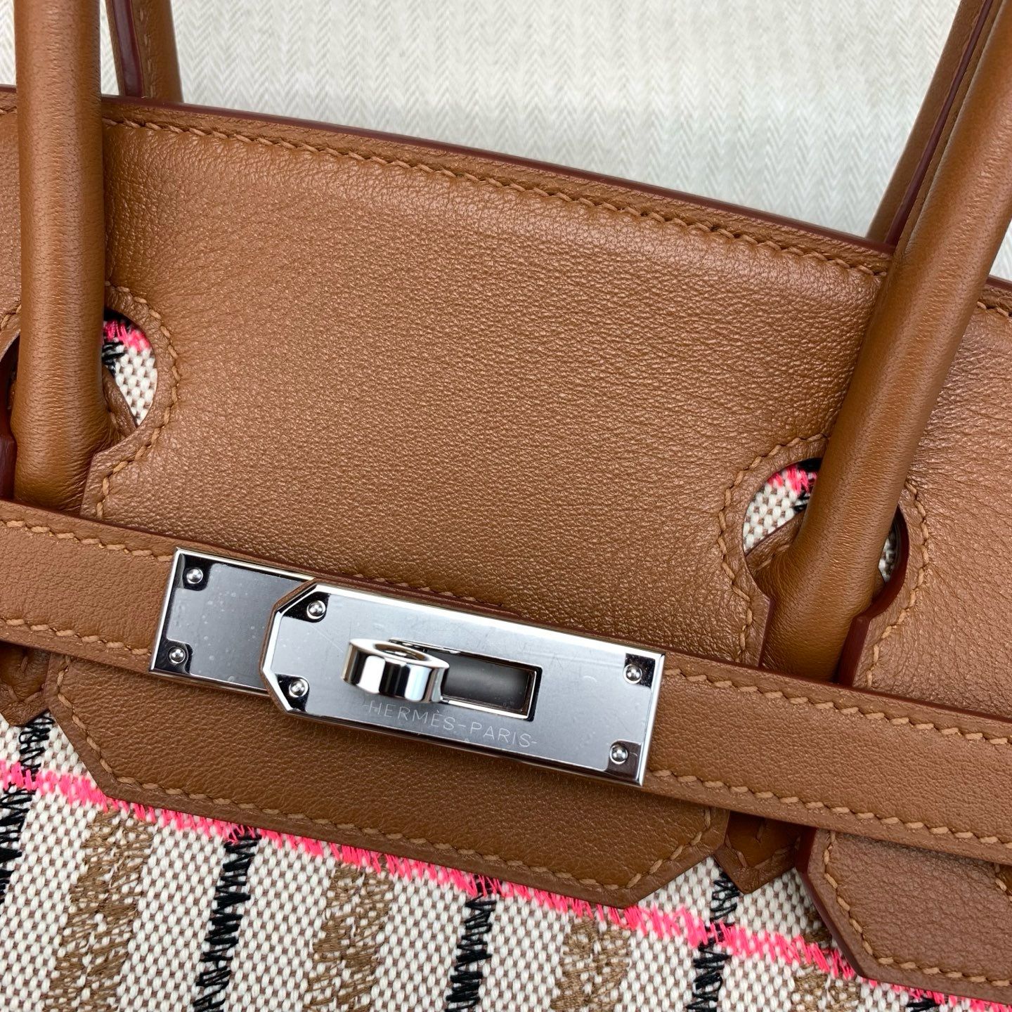 Hermes Shoulder Birkin Light 29 Bag in Toile and Gold Swift Calfskin - Image 5