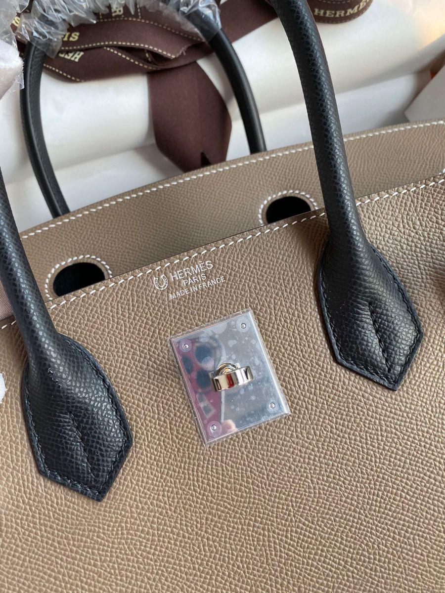 Hermes HSS Birkin 30 Bicolor Bag in Taupe and Black Epsom Calfskin - Image 7