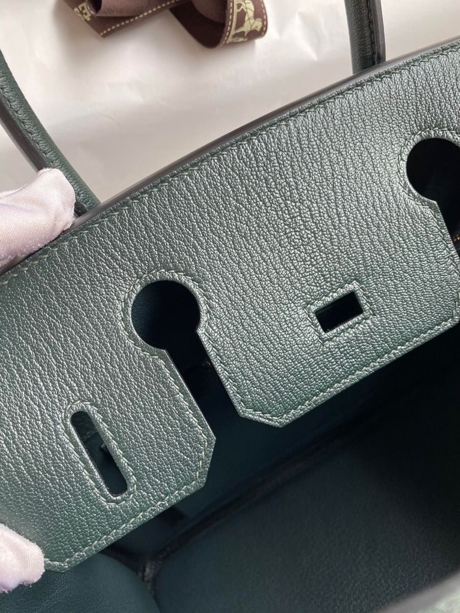 Hermes Birkin 30 Retourne Handmade Bag In Vert Cypres Chevre Mysore Leather - Image 9