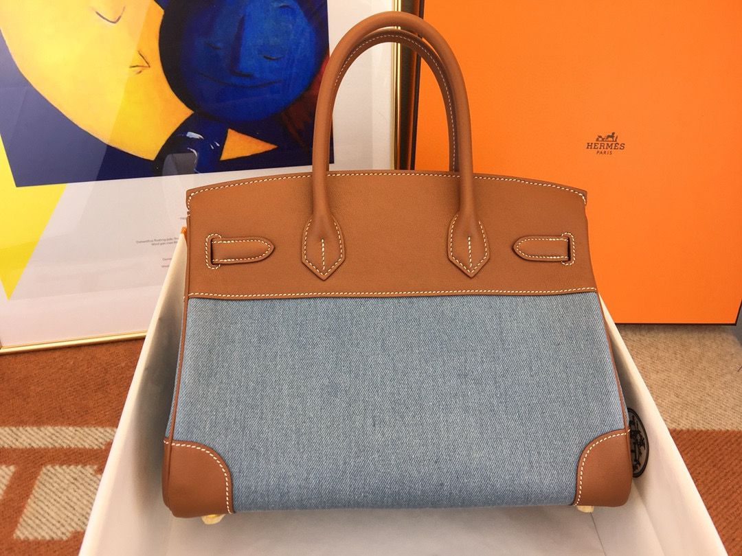 Hermes Birkin 30 Handmade Bag in Denim & Gold Swift Leather - Image 3