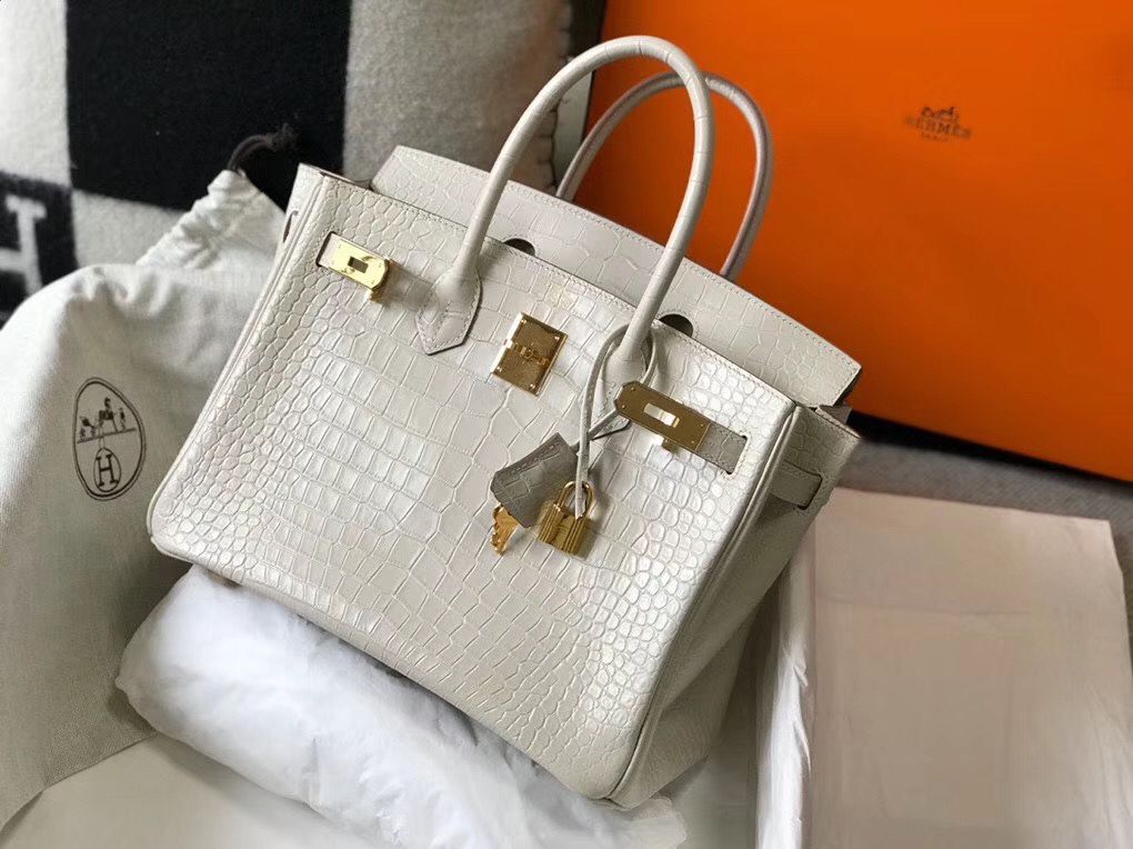 Hermes Birkin 30cm Bag In White Embossed Crocodile Leather - Image 3