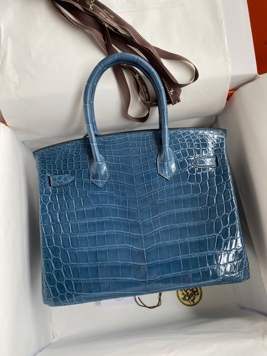 Hermes Birkin 30 Handmade Bag In Blue Tempete Crocodile Niloticus Shiny Skin - Image 3