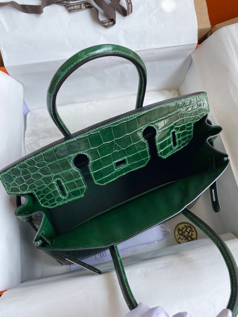 Hermes Birkin 30 Handmade Bag In Malachite Crocodile Niloticus Shiny Skin - Image 8
