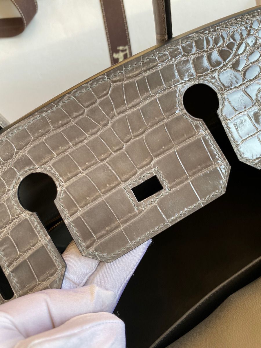 Hermes Birkin 30 Handmade Bag In Gris Tourterelle Crocodile Niloticus Shiny Skin - Image 9