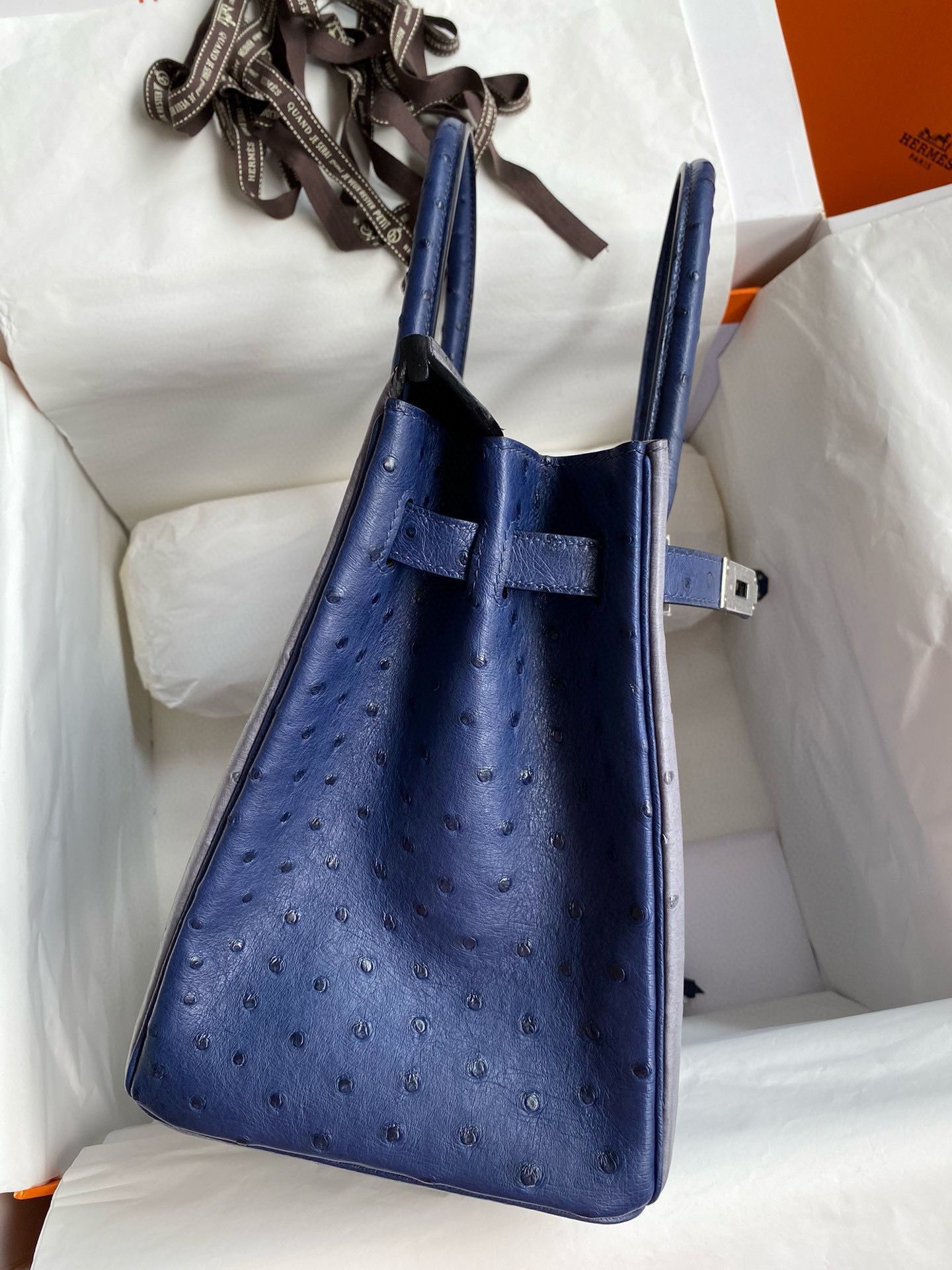 Hermes HSS Birkin 30 Bicolor Bag in Gris Agate and Blue Iris Ostrich Leather - Image 6