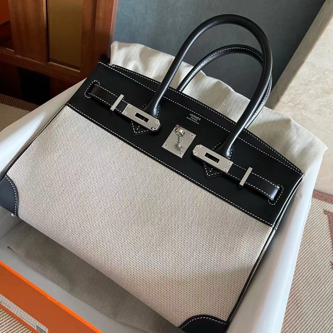 Hermes Birkin 30 Handmade Bag in Toile & Black Box Calfskin - Image 3