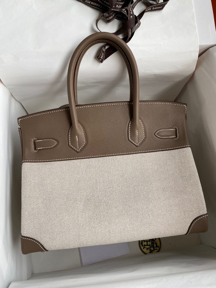 Hermes Birkin 30 Handmade Bag In Toile & Tourterelle Swift Leather - Image 3