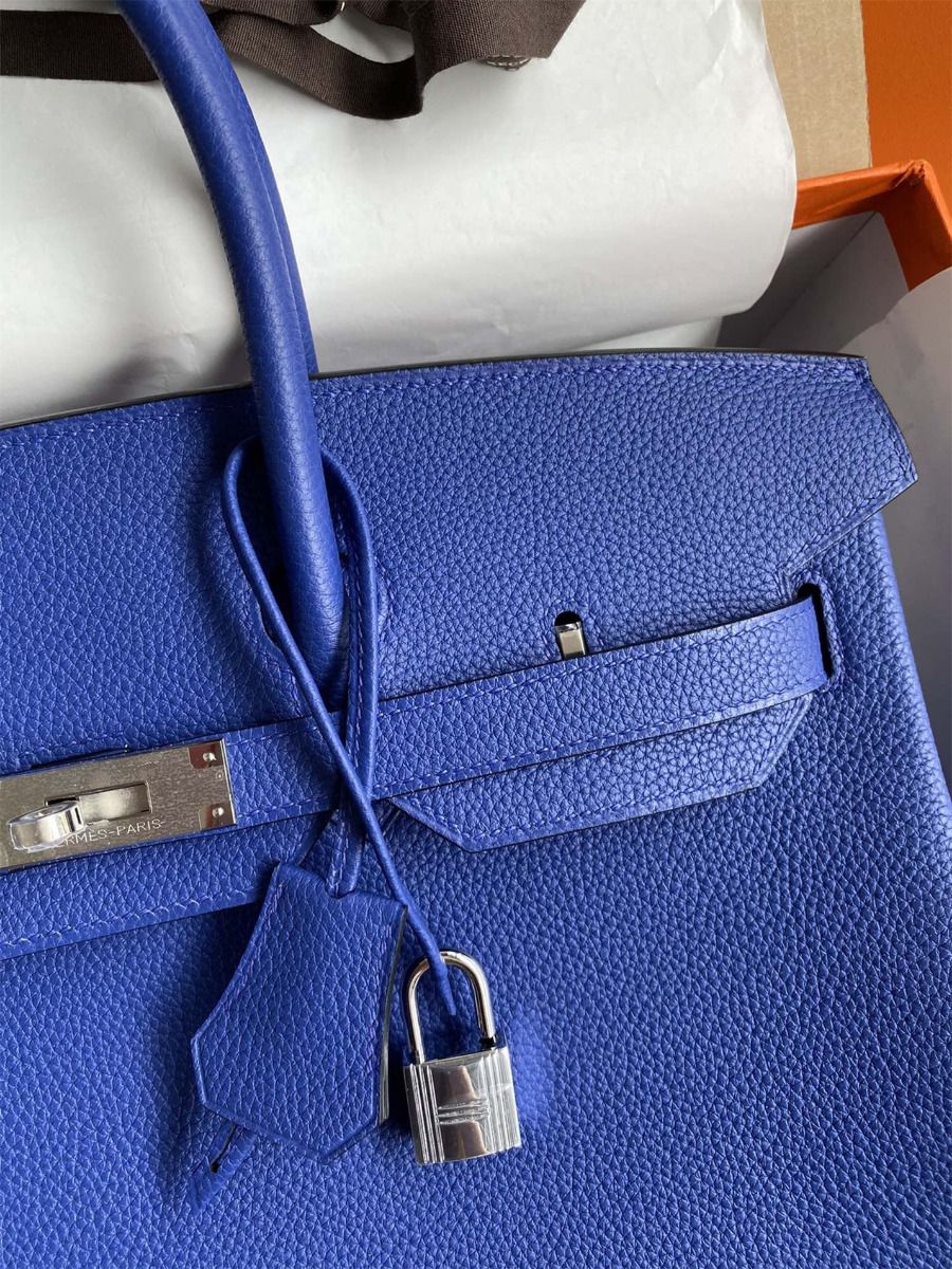 Hermes Birkin 35 Retourne Handmade Bag In Blue Electric Clemence Leather - Image 4