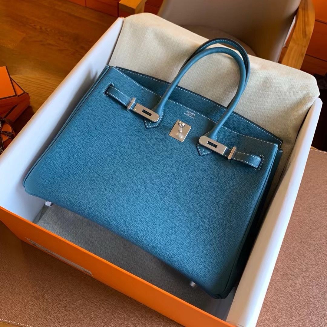 Hermes Birkin 35 Retourne Handmade Bag in Blue Jean Clemence Leather - Image 8
