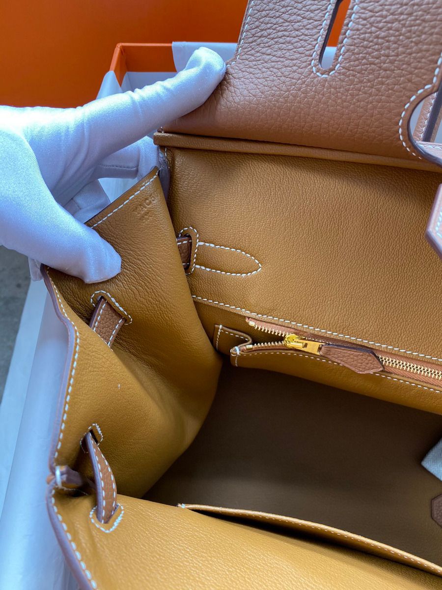 Hermes Birkin 35 Retourne Handmade Bag In Gold Clemence Leather - Image 10
