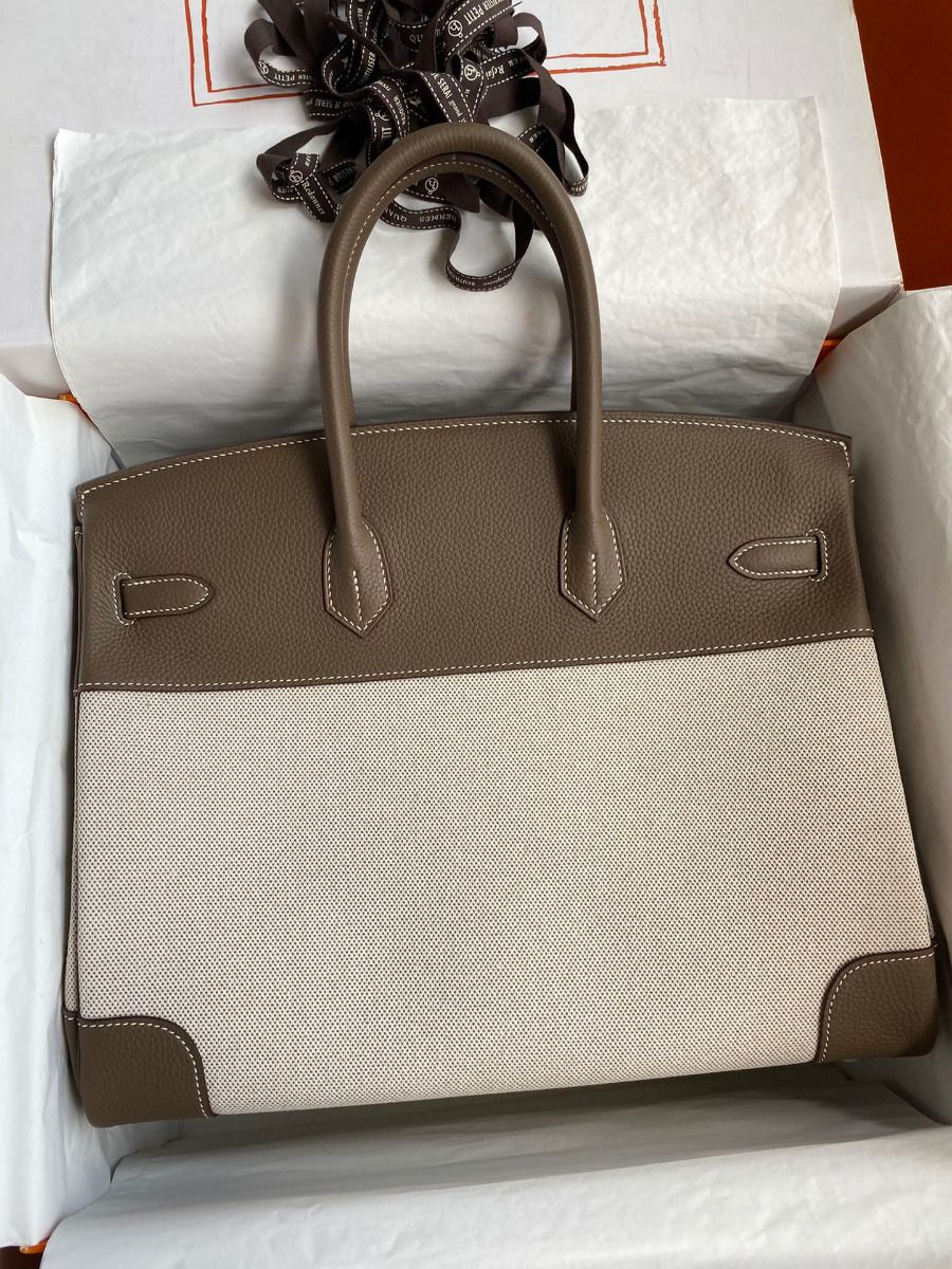 Hermes Birkin 35 Handmade Bag In Toile & Taupe Clemence Leather - Image 3