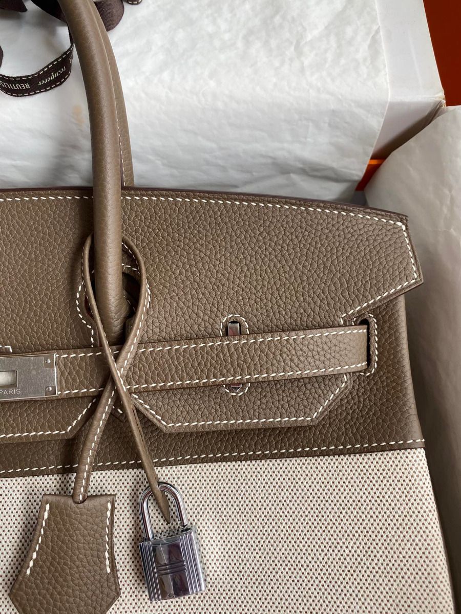 Hermes Birkin 35 Handmade Bag In Toile & Taupe Clemence Leather - Image 4