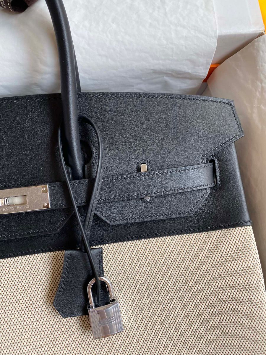 Hermes Birkin 35 Handmade Bag In Toile & Black Swift Leather - Image 4