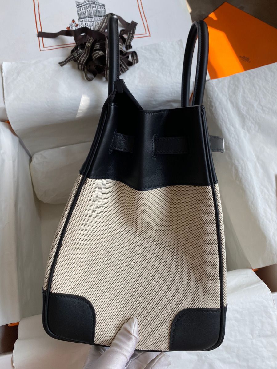 Hermes Birkin 35 Handmade Bag In Toile & Black Swift Leather - Image 6