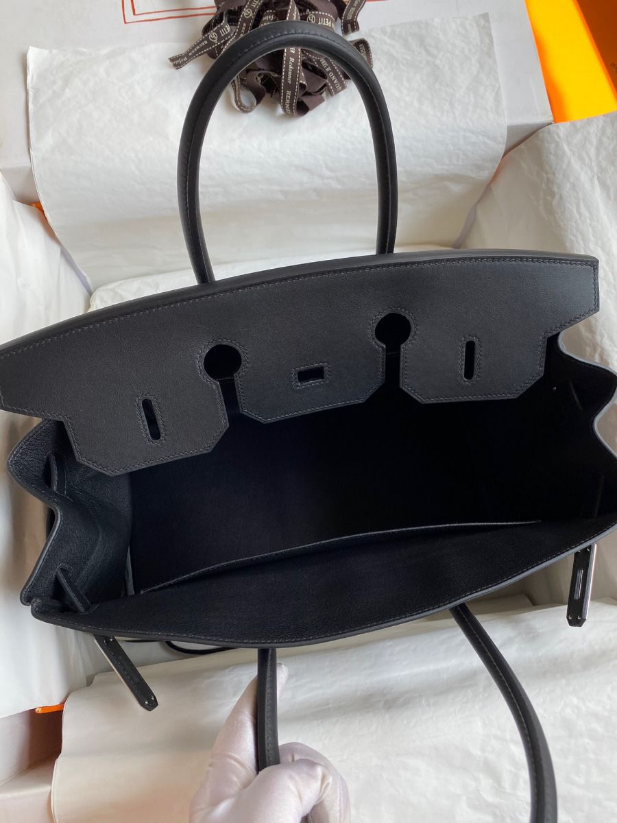 Hermes Birkin 35 Handmade Bag In Toile & Black Swift Leather - Image 8