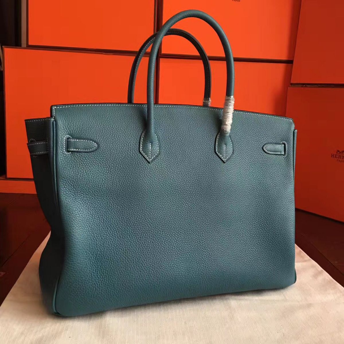 Hermes Birkin 40 Handmade Bag In Blue Jean Clemence Leather - Image 4