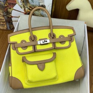 Hermes Birkin Cargo 25 Bag in Lime Toile and Chai Swift Leather