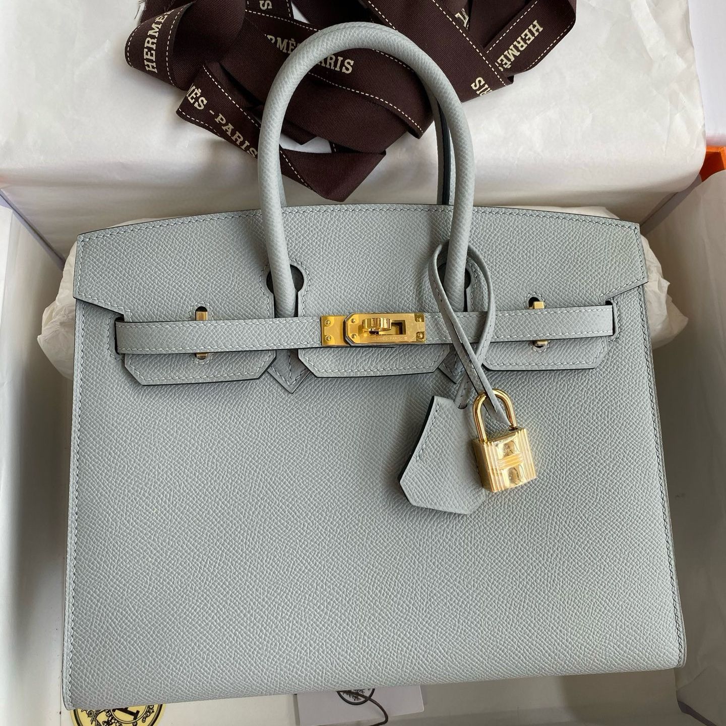 Hermes Birkin 25 Sellier Handmade Bag in Blue Glacier Epsom Calfskin