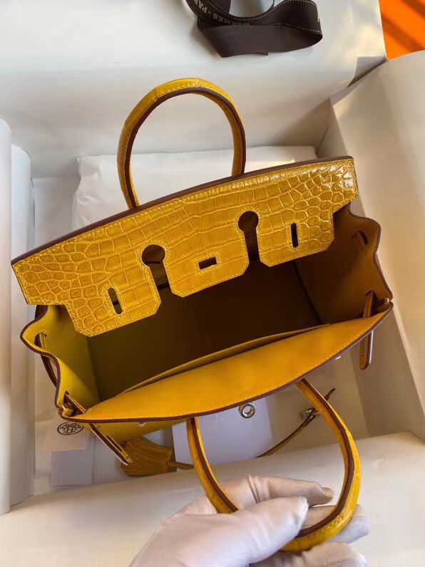 Hermes Touch Birkin 25 Bag In Yellow Shiny Niloticus Crocodile Skin - Image 6