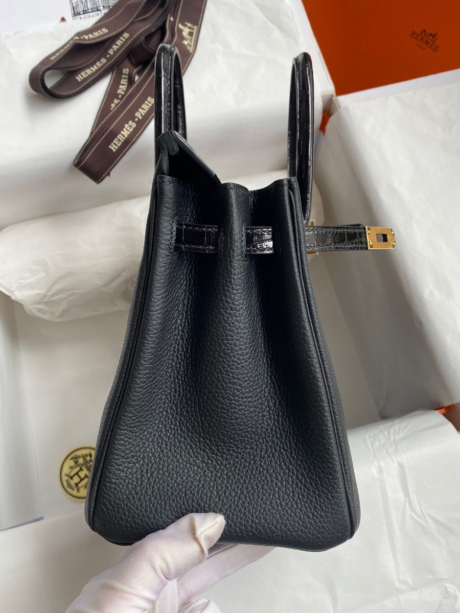 Hermes Touch Birkin 25 Bag in Black Togo and Shiny Alligator Leather - Image 6